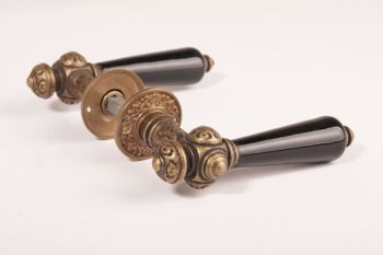 Door handles pair bronze antique black porcelain + round rosettes classic