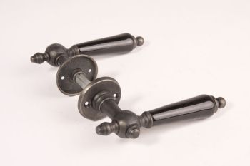 Door handles (pair) silver antique with black porcelain and rosettes