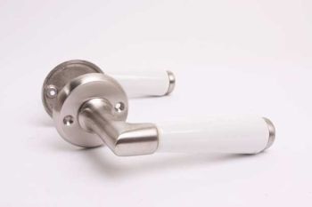 Door handle 1920s brushed nickel with porcelain and round rosettes per pair