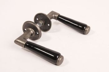 Door handle classic silver antique with porcelain and round rosettes per pair