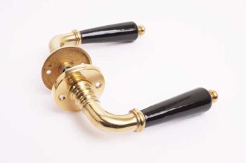 Classic door handle with rosettes brass polished with black or white porcelain per pair