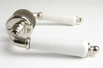 Door handles shiny nickel with white porcelain 135mm per pair