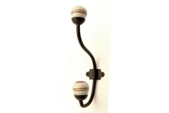 Coat hook black double with brown stripes on white porcelain