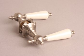 Modern classic door handle brushed nickel with white porcelain including rosettes