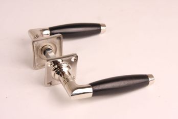 Door handles barrel model short nickel and ebony with handle rosettes per pair
