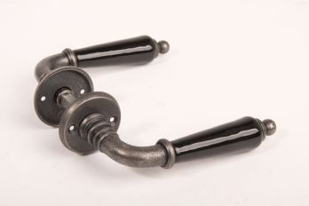 Door handles classic silver antique with black porcelain + rosettes (pair)